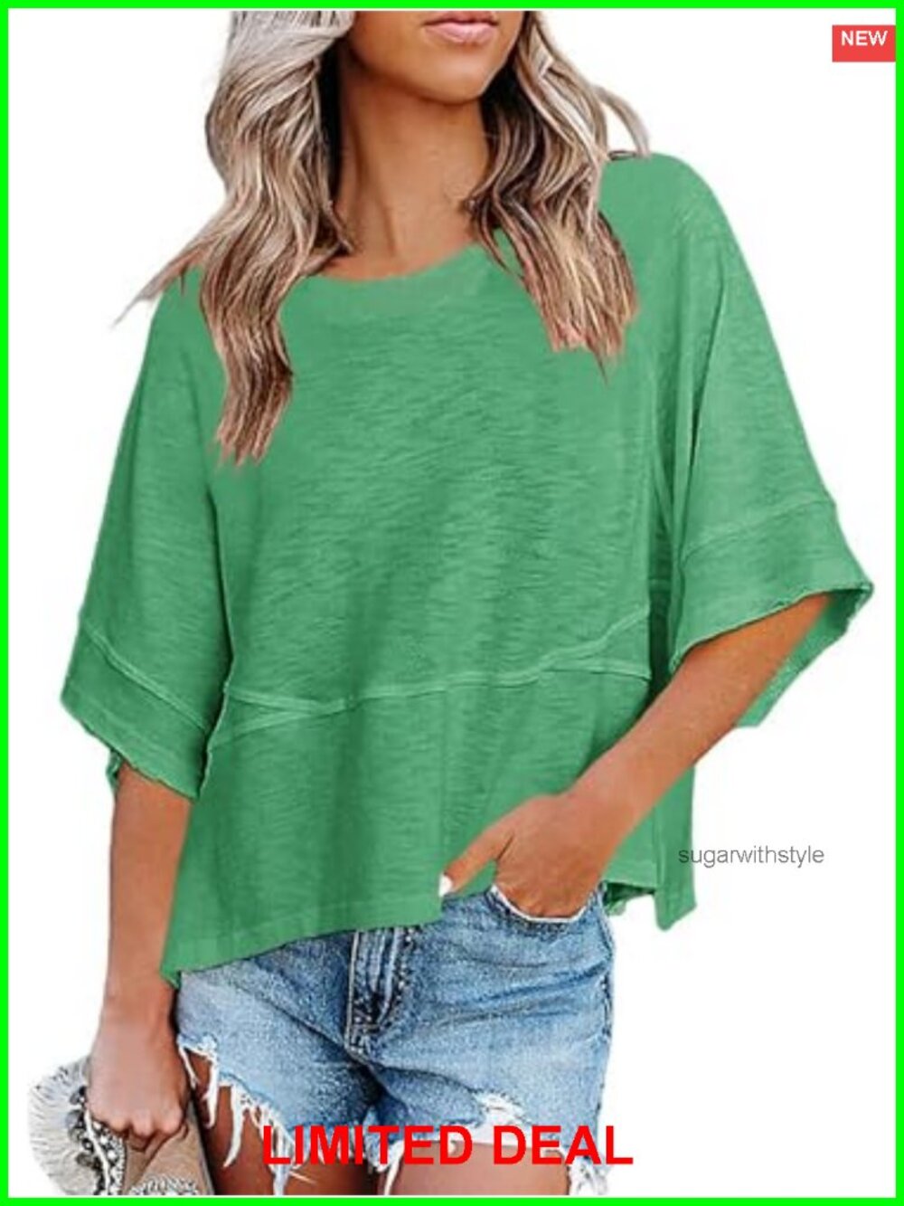Womens 3/4 Sleeve Batwing T-Shirt Loose Crewneck Summer Top